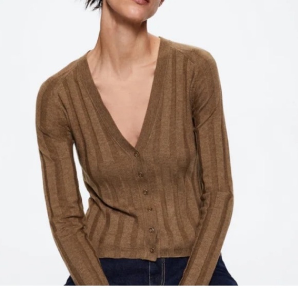 MNG Buttoned ribbed cardigan size S stretchy brown v neck elegant‎ career casual - Picture 6 of 12